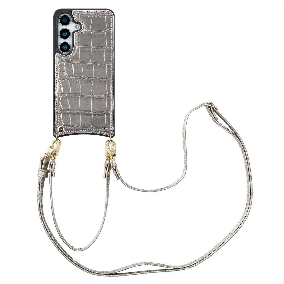 Etui na telefon Selencia Nova Croco ze sznurkiem i uchwytem na kartę do Samsung Galaxy S25 - srebrne