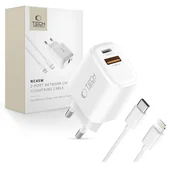 Ładowarki do telefonów - TECH-PROTECT NCA45W-GAN 2-PORT NETWORK CHARGER PD 45W / QC3.0 + LIGHTNING CABLE WHITE - miniaturka - grafika 1