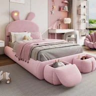 Łóżka dla dzieci i młodzieży - Łóżko dziecięce 90x200 cm tapicerowane aksamitem - królicze ucho z regulowaną diodą LED - z 2 stołkami do przechowywania - Różowy - miniaturka - grafika 1