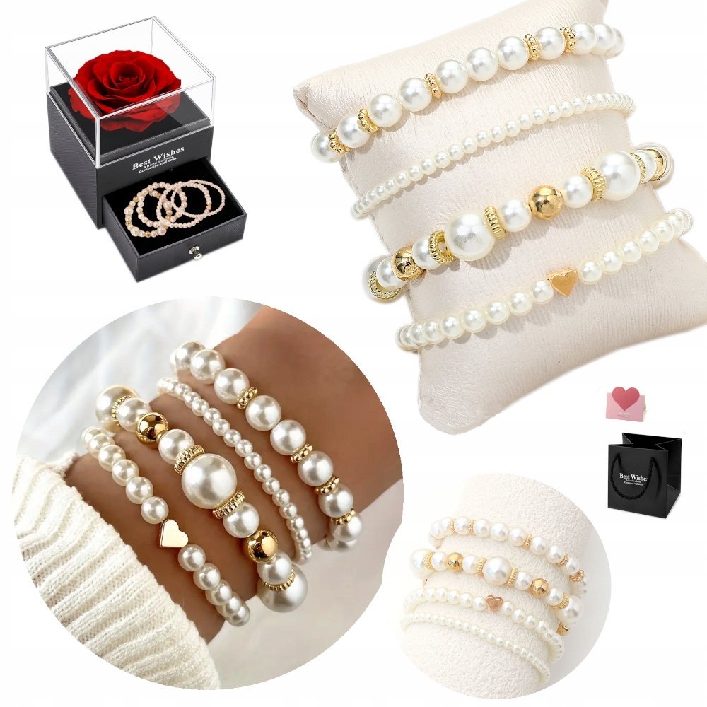 PERŁOWA Bransoletka Damska Perły 4 sztuki Prezent dla Kobiety Dziewczyny