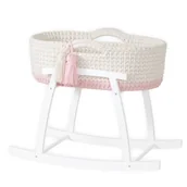 Lalki dla dziewczynek - Kołyska dla lalki- Kosz Mojżesza (KREMOWY&JASNY RÓŻ) z materacem, zestawem pościeli, frędzlami + drewniana podstawa biała - miniaturka - grafika 1