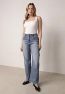 Spodnie damskie - Niebieskie Jeansy z Wysokim Stanem i Szerokimi Nogawkami z Bawełną i Wiskozą Corraesea - miniaturka - grafika 1