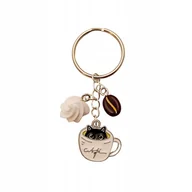 Breloki - Srebrny brelok kot w jasnej filiżance kawy Breloczek Kółko do kluczy - miniaturka - grafika 1