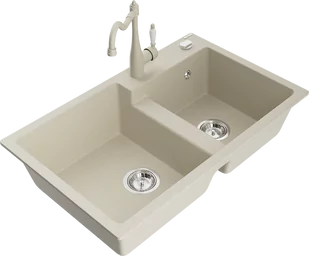 Mexen Tomas zlewozmywak granitowy 2-komorowy z baterią kuchenną Carla, beżowy - 6516-69-670700-69 - Zlewozmywaki z baterią - miniaturka - grafika 1