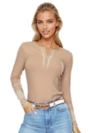 Koszulki i topy damskie - Prążkowana koszulka damska z guzikami Jesenia beżowa 3XL - miniaturka - grafika 1
