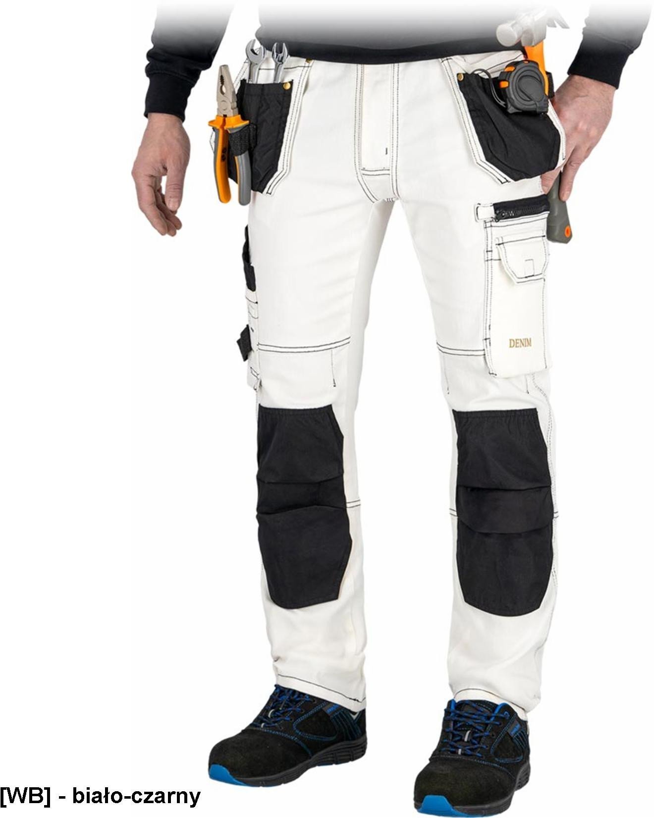 JEANS415-T - Elastyczne jeansowe spodnie ochronne do pasa 8 kieseni pętelki twill 60% bawełna 24% poliester 15% wiskoza 1% - biało-czarny 58