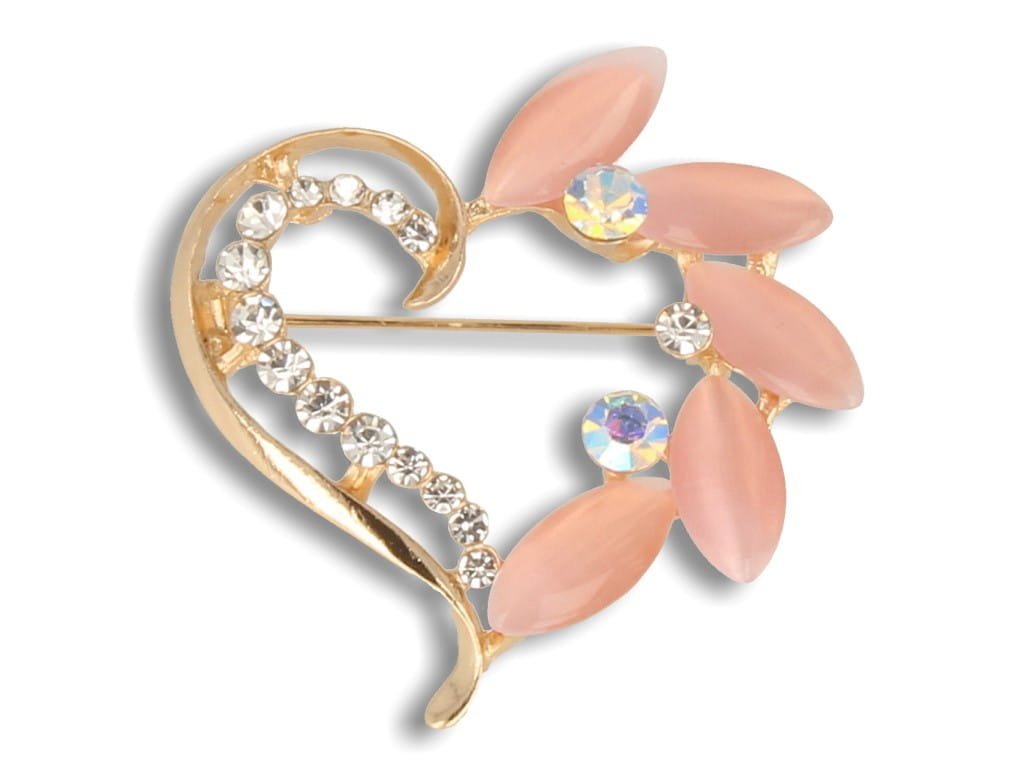 Broszka agrafka złote serce z różowymi płatkami