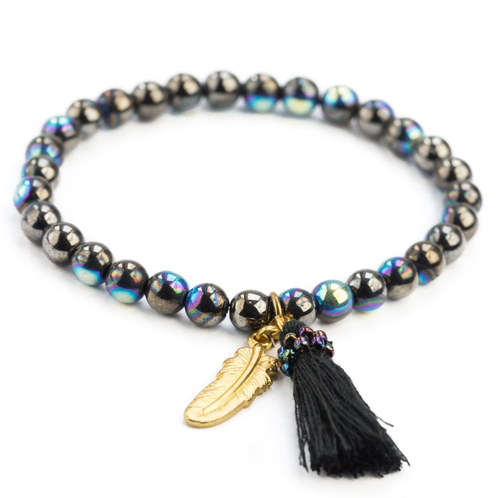 Bransoletka zawieszka piórko, chwost, czeskie szkło, opalizujące AB / JG. Projekt