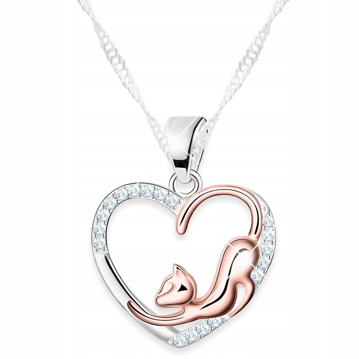Naszyjnik Pozłacany z Kotkiem Serce Kotek z Cyrkoniami Serduszko SREBRO 925