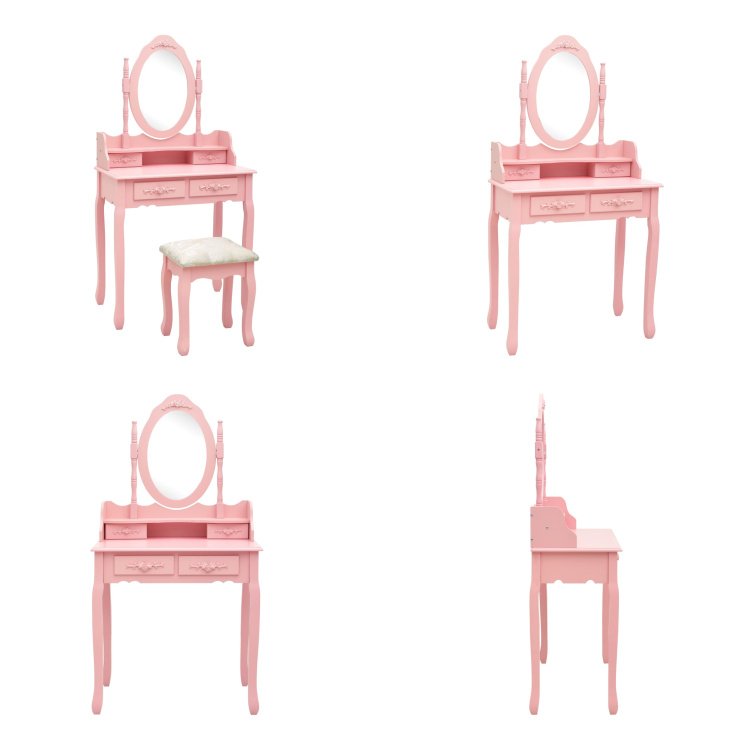vidaXL Toaletka z taboretem Różowa 75x69x140 cm Drewno Paulownia - Toaletka - Toaletki - Zestaw toaletek - Zestawy toaletek