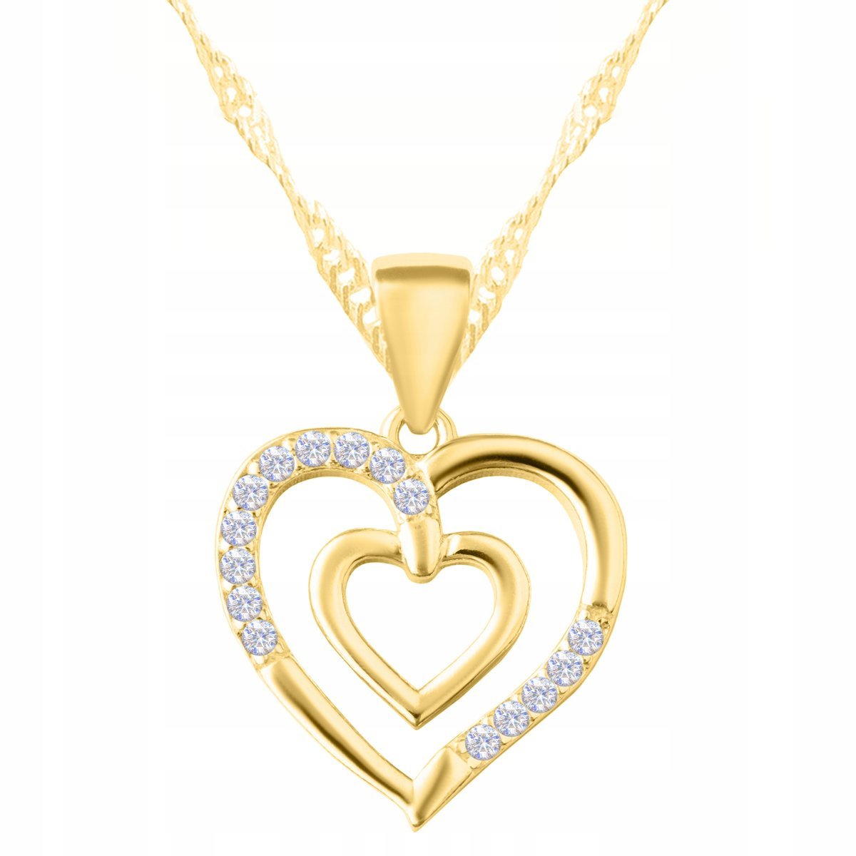 Złoty Naszyjnik z Sercem Serduszkiem Cyrkoniami Podwójne Serce SREBRO 925