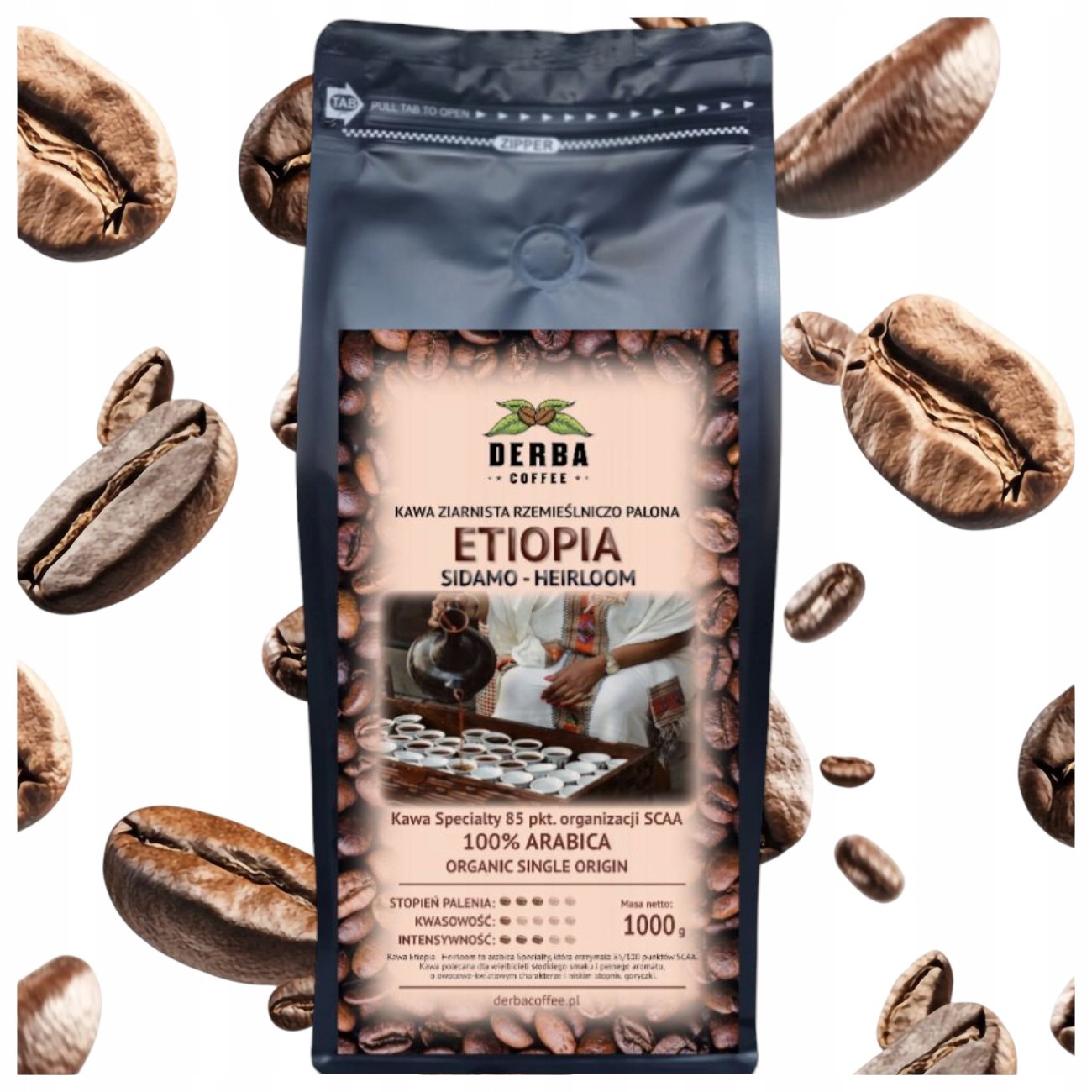 Kawa Etiopia Niskodrażniąca 1kg ziarnista 100% Arabika Specialty Sidamo