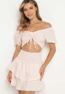 Komplety damskie - Jasnoróżowy Komplet z Bawełną Bluzka Hiszpanka z Bufiastymi Rękawami Spódnica z Gumką w Pasie Testarae - miniaturka - grafika 1