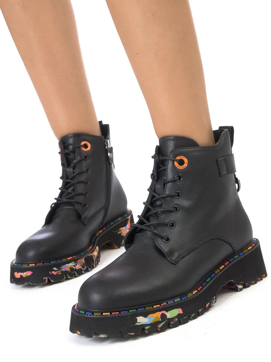 Artiker Botki damskie skórzane ocieplane na platformie Black-38