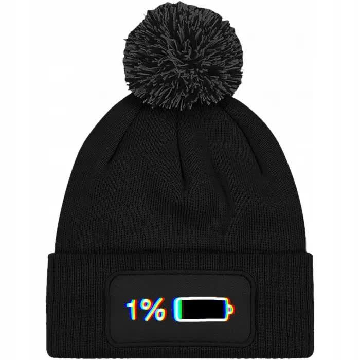 Czapka Czarna z Pomponem 1% LOW BATERY Zimowa Na Prezent Wzory