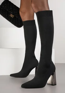 Czarne Kozaki Vices na Metalicznym Słupku ze Skarpetkową Cholewką Tivitte - Kozaki damskie - miniaturka - grafika 1