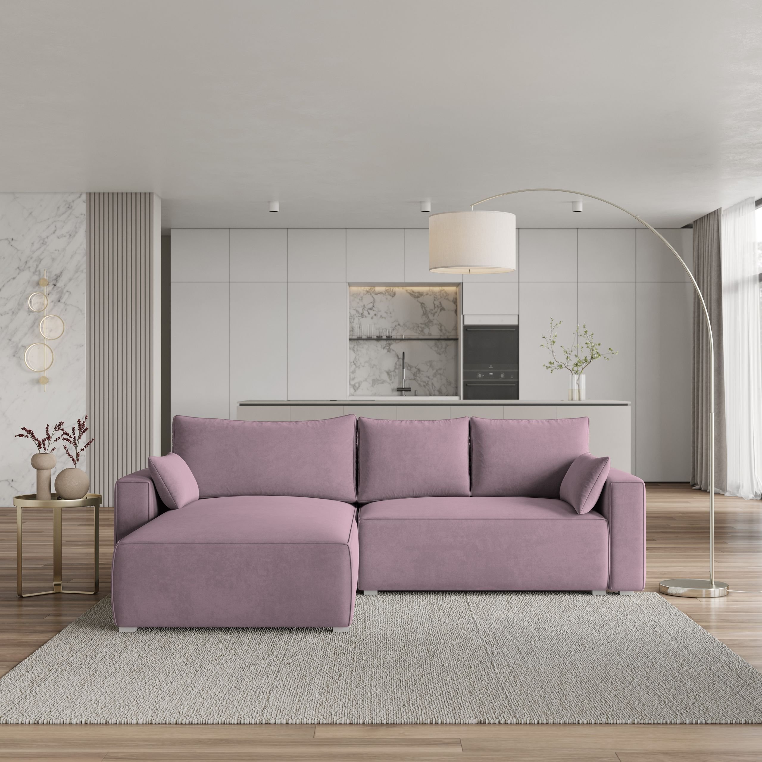 Masseno Narożnik FORIL z funkcją spania i pojemnikiem na pościel Kształt L, Rozkładana sofa, Rogówka - Pudrowy róż, MONOLITH 62