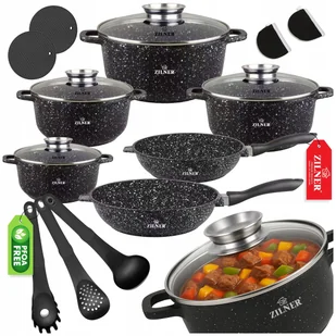 ZESTAW GARNKÓW MARMURKOWYCH INDUKCJA GAZ KOMPLET GARNKI PATELNIE 17 ELE - Zestawy garnków i patelni - miniaturka - grafika 1