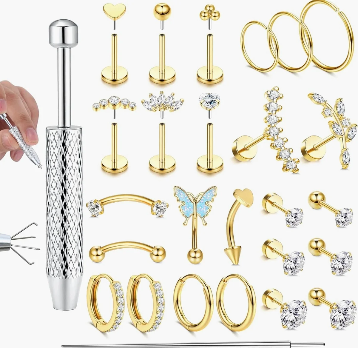 PIERCING ZESTAW 27 SZTUK STAL CHIRURGICZNA ZŁOTY KOLCZYKI HIPOALERGICZNE