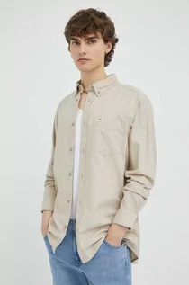 Koszule męskie - Wrangler koszula bawełniana męska kolor beżowy regular z kołnierzykiem button-down - grafika 1