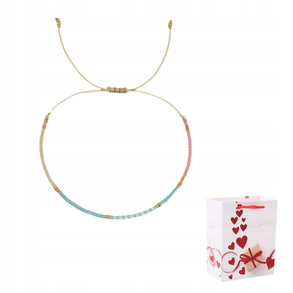 Bransoletka Cienka Złota Regulowana Koralik Szklane Miyuki Delica Błękitna