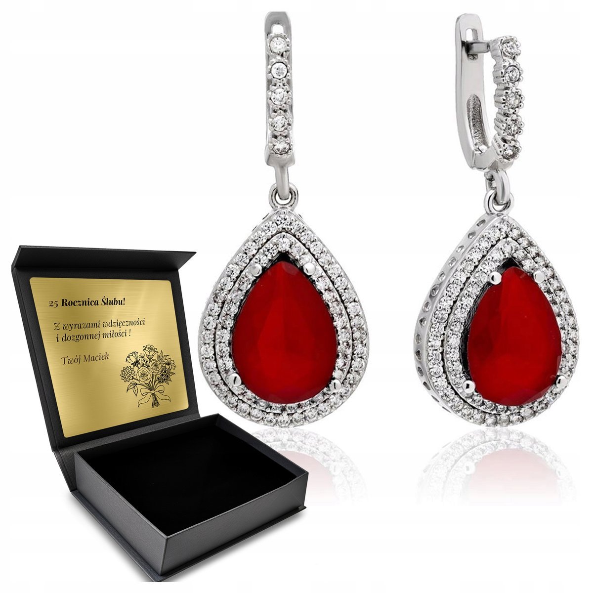Kolczyki Srebrne 925 Cyrkonie Rubin Biżuteria Dla Kobiety + Grawer