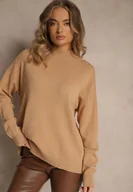 Swetry damskie - Ciemnobeżowy Gładki Golf Zdobiony Guzikami przy Dekolcie Rallessa - miniaturka - grafika 1