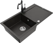 Zlewozmywaki z baterią - Mexen Leo zlewozmywak granitowy 1-komorowy z ociekaczem i baterią kuchenną Carla, czarny/złoty metalik - 6501-75-670700-70 - miniaturka - grafika 1