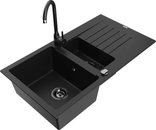 Mexen Matias zlewozmywak granitowy 1,5-komorowy z ociekaczem i baterią kuchenną Telma, czarny - 6502-77-670200-70-B - Zlewozmywaki z baterią - miniaturka - grafika 1