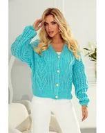 Swetry damskie - SWETER KARDIGAN ANGEL ZAPINANY NA GUZIKI POLSKI PRODUCENT J&K PREMIUM - TURKUS - miniaturka - grafika 1
