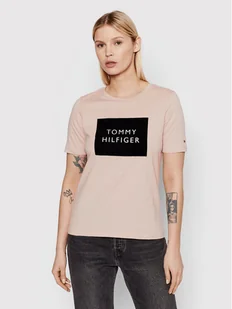 Tommy Hilfiger T-Shirt Regular Flock Box C-nk WW0WW32800 Beżowy Regular Fit - Koszulki i topy damskie - miniaturka - grafika 1