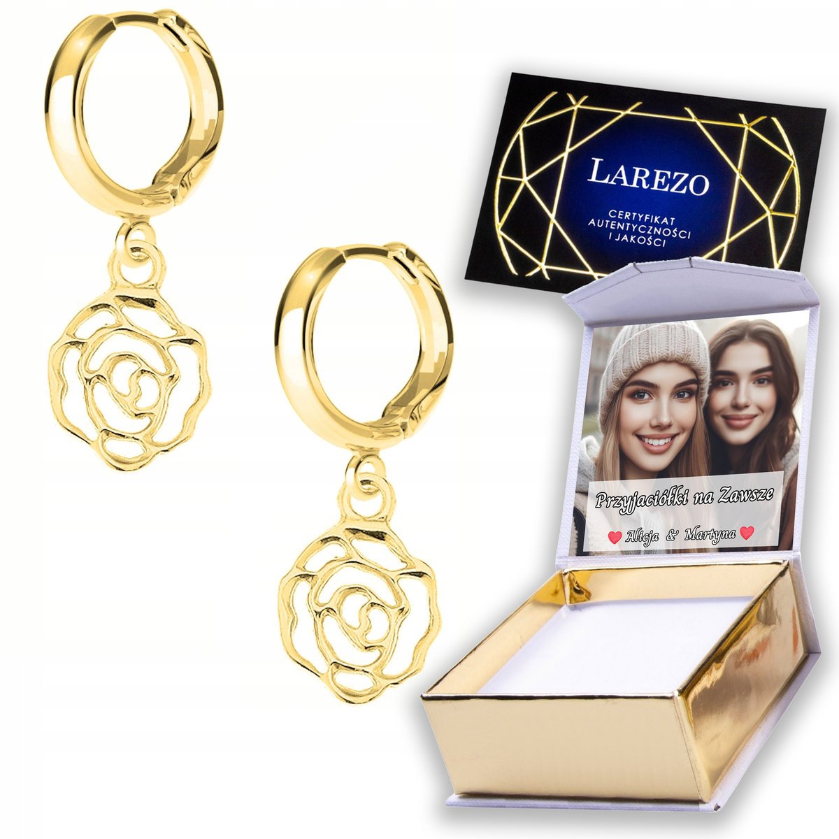 Złote Kolczyki 925 z Kwiatami Różami Róże Kwiatki Tulipan Róża NADRUK