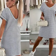 Sukienki - TEMU Koszulka-sukienka dla kobiet w czarno-białe paski z dekoltem serduszkiem - luźny krój, krótkie rękawy, letnia sukienka o średniej elastyczności, - miniaturka - grafika 1