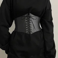 Inne - Koronkowe szerokie paski vintage w kolorze czarnym z elastyczną skórzaną imitacją, klasyczny gorset w pasie w stylu waspie, modny pas do sukienki lub - miniaturka - grafika 1