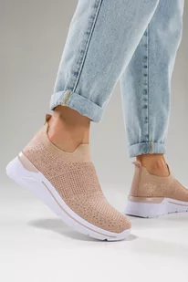 Beżowe sneakersy damskie na koturnie buty sportowe slip on z cyrkoniami Casu SJ2500-5 - Slip on damskie - miniaturka - grafika 1