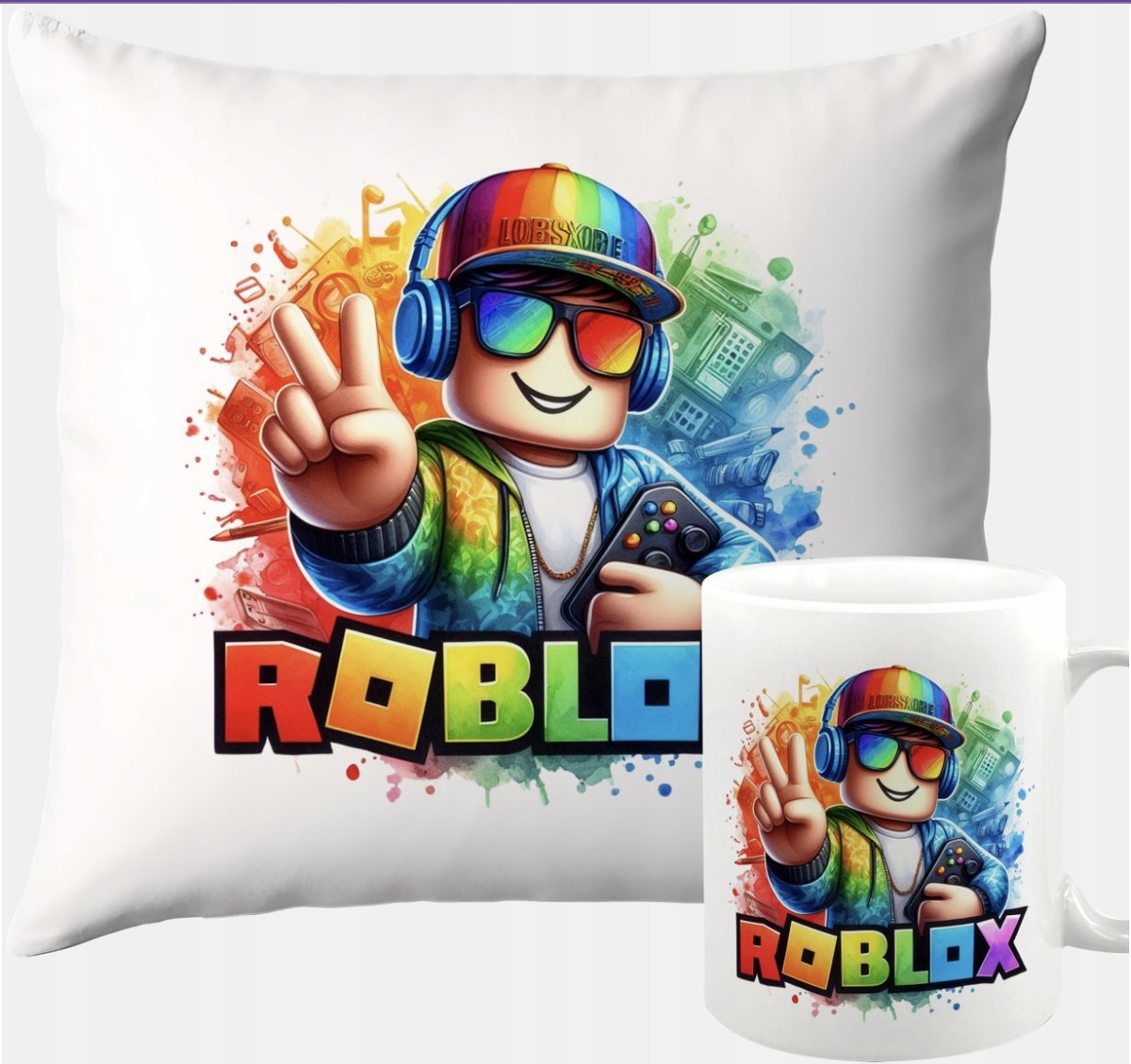 ZESTAW PODUSZKA + KUBEK PREZENT DLA DZIECKA ROBLOX MAN FACE GRA + IMIĘ