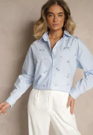 Koszule damskie - Jasnoniebieska Bawełniana Koszula Z Ozdobnymi Naszywkami Katirina - miniaturka - grafika 1