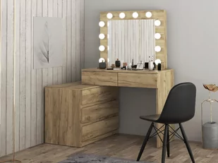 Narożna toaletka kosmetyczna z lustrem i oświetleniem Carla 12 Led z komodą dąb craft - Toaletki - miniaturka - grafika 1