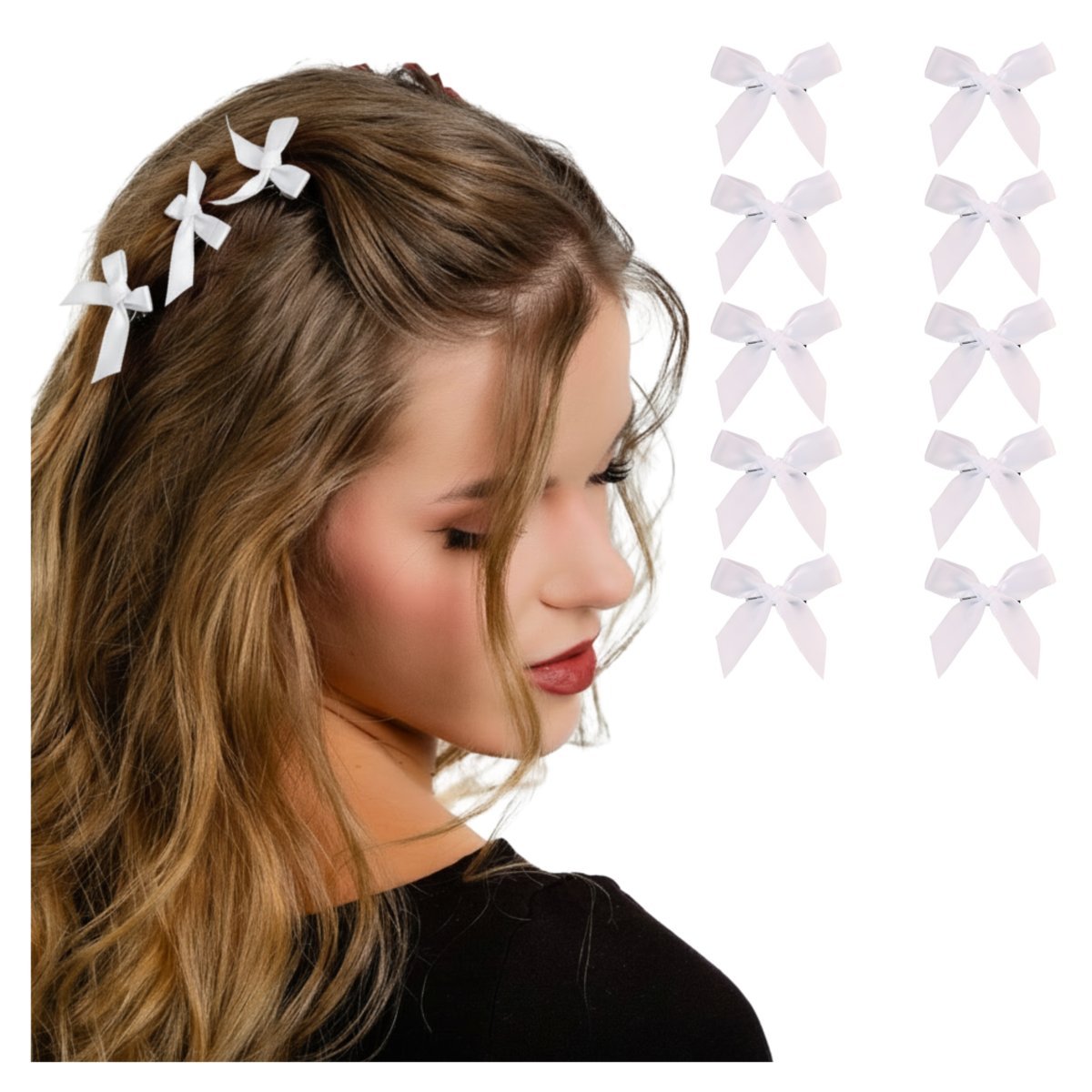 Spinka do Włosów 10 SZTUK Białe Małe Kokardki Satynowe Wstążki z Połyskiem