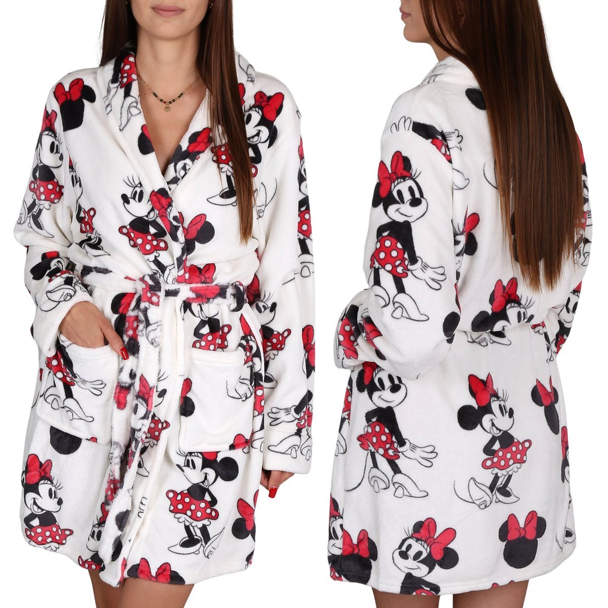 DISNEY Myszka Minnie Biały, DAMSKI szlafrok z paskiem, CIEPŁY wiązany porannik z kieszeniami, Miękka podomka XS