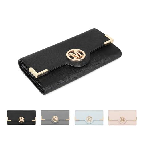 Miss Lulu Damska portmonetka długi portfel damski skóra PU elegancka torebka z wieloma przegródkami na karty, jednolity kolor z prostym metalowym logo, Czarny, 19.5 * 3 * 10 CM