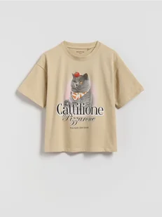 Reserved - Bawełniany t-shirt z nadrukiem - beżowy - Koszulki dla dziewczynek - miniaturka - grafika 1