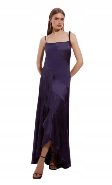 KAREN MILLEN PETITE GRANATOWA SUKIENKA MAXI Z FALBANĄ I FRĘDZLAMI 40 B1C