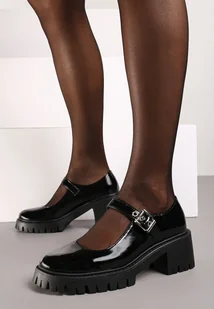 Czarne Półbuty na Obcasie i Platformie z Tłoczeniem w Stylu Mary Jane Evalda - Półbuty damskie - miniaturka - grafika 1