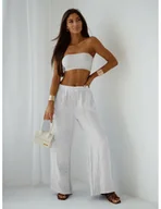 Spodnie damskie - Stylowe lniane spodnie z szerokimi nogawkami ARIELLE - białe - miniaturka - grafika 1