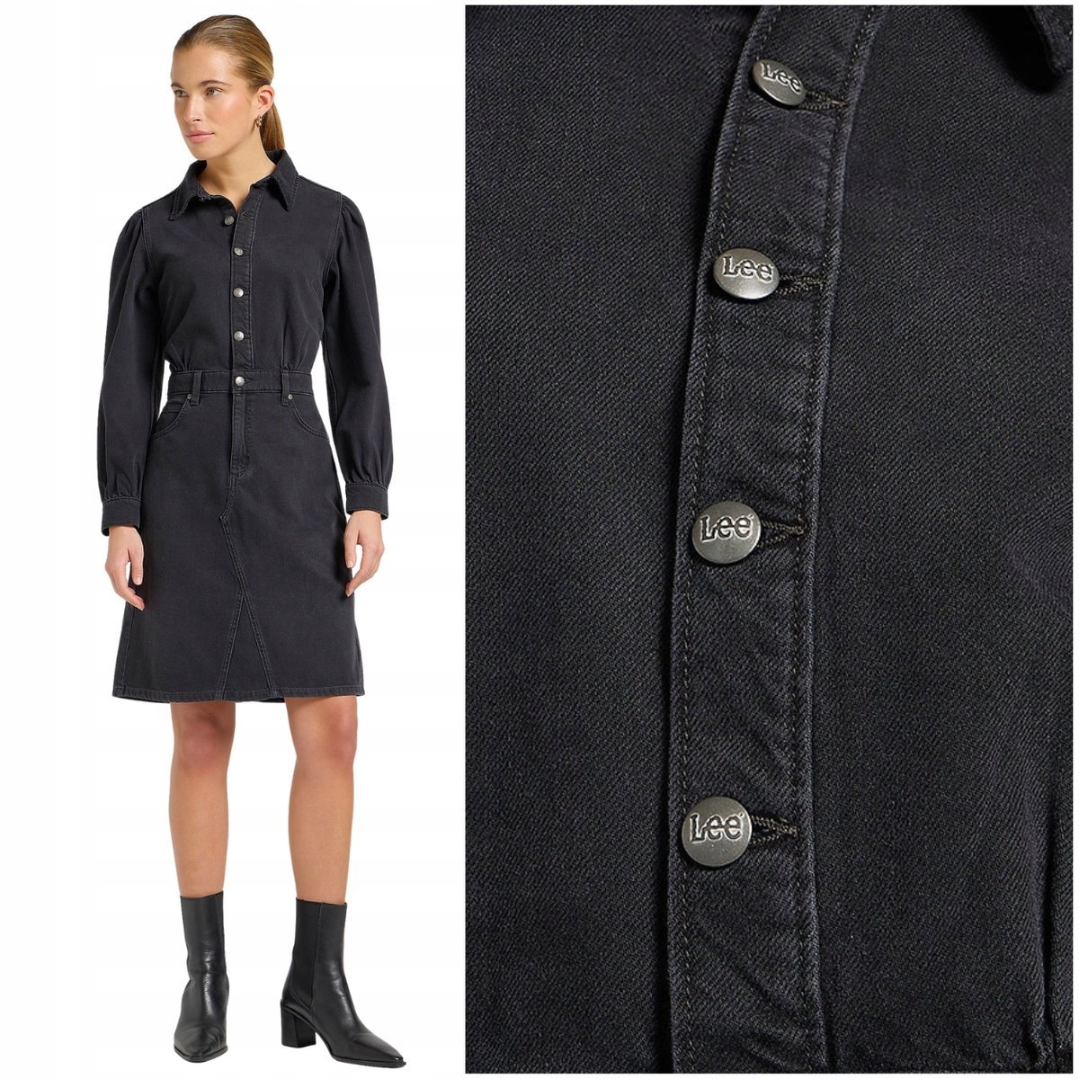 Lee Long Sleeve Dress Dark Memory czarna sukienka jeansowa L