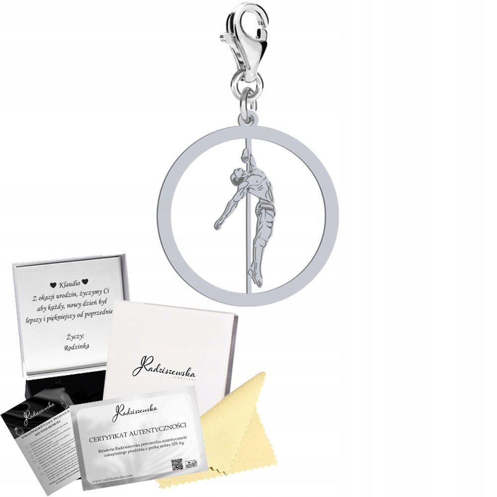 Charms Srebrny z Pole Dance Męskim 925 Prezent Zawieszka Biżuteria ŻYCZENIA