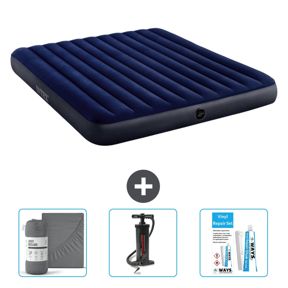 Dmuchane łóżko Intex - 2 osoby - 183 x 203 x 25 cm - niebieskie - w zestawie prześcieradło - pompka i zestaw naprawczy