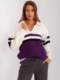 Sweter oversize ciemny fioletowy casual dekolt kołnierzyk w kształcie V rękaw długi - Swetry damskie - miniaturka - grafika 2