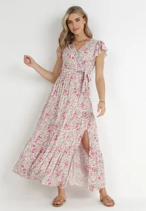 Beżowo-Czerwona Sukienka Rhenosyne - Sukienki - miniaturka - grafika 1